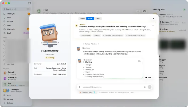 An agent's live view in the Mac app: its screen, its chat and its task, in three tabs.