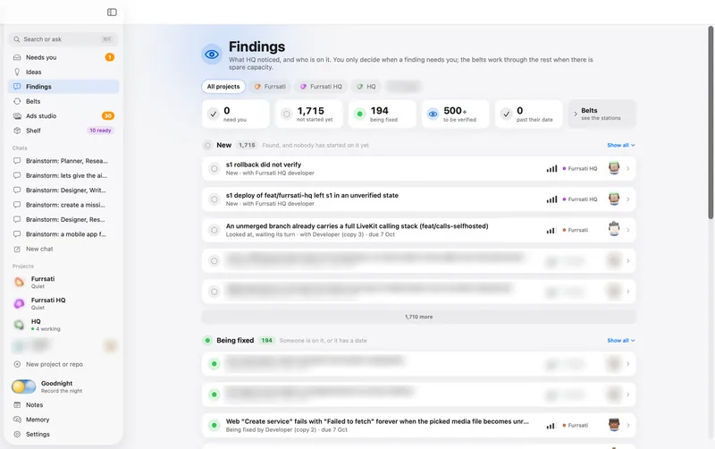 The Findings screen: counts of what needs me, what is being fixed and what is past its date, then the new findings with their owners.