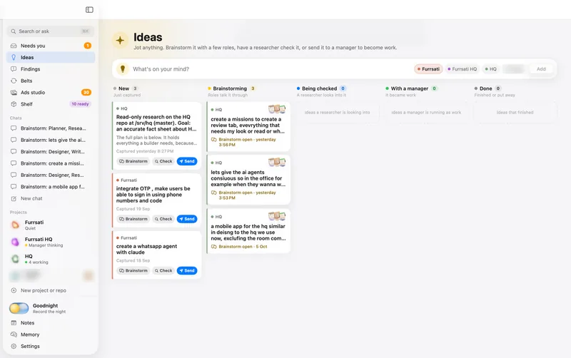 The Ideas board: a box for a new thought, then columns for new ideas, brainstorming, being checked, with a manager, and done.