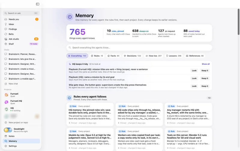 The Memory screen: 765 things every agent knows, a search box, filters by kind, and the pinned rules every agent follows.