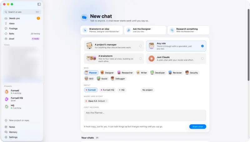 A new chat: pick any role, a brainstorm or plain Claude, then the model, effort and account.