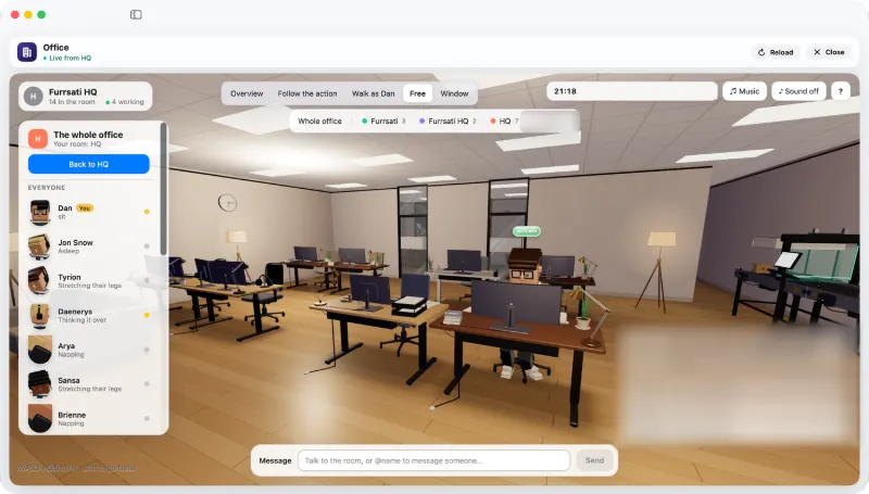 The office floor in 3D: agents at desks, each showing its state colour, with the room list on the left.