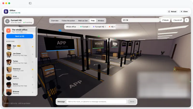 The ship paths in the 3D office: the routes work takes through the room.