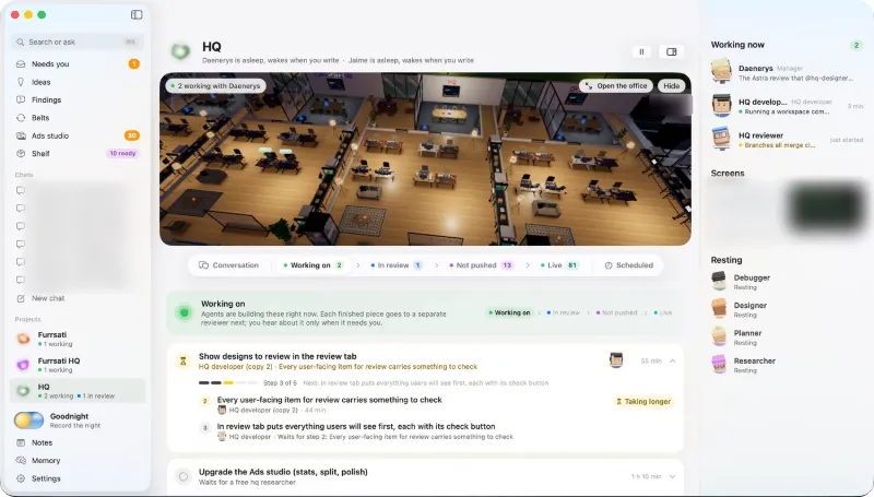The HQ Mac app on a project page: the sidebar of screens, the project's orb and name, six tabs, and items each with a five-step track.